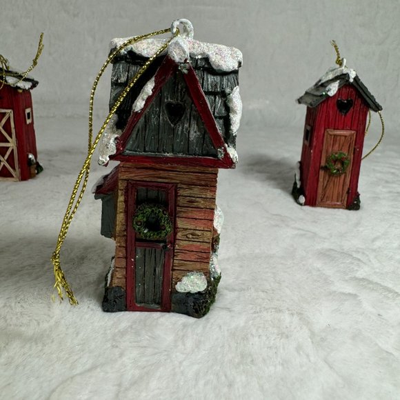 Set of 6 Christmas hanging ornaments Outhouses Resin 3 1/2" tall different style - Picture 5 of 12